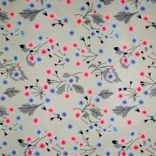 Floral Cotton Poplin - Blue and Pink Blossoms